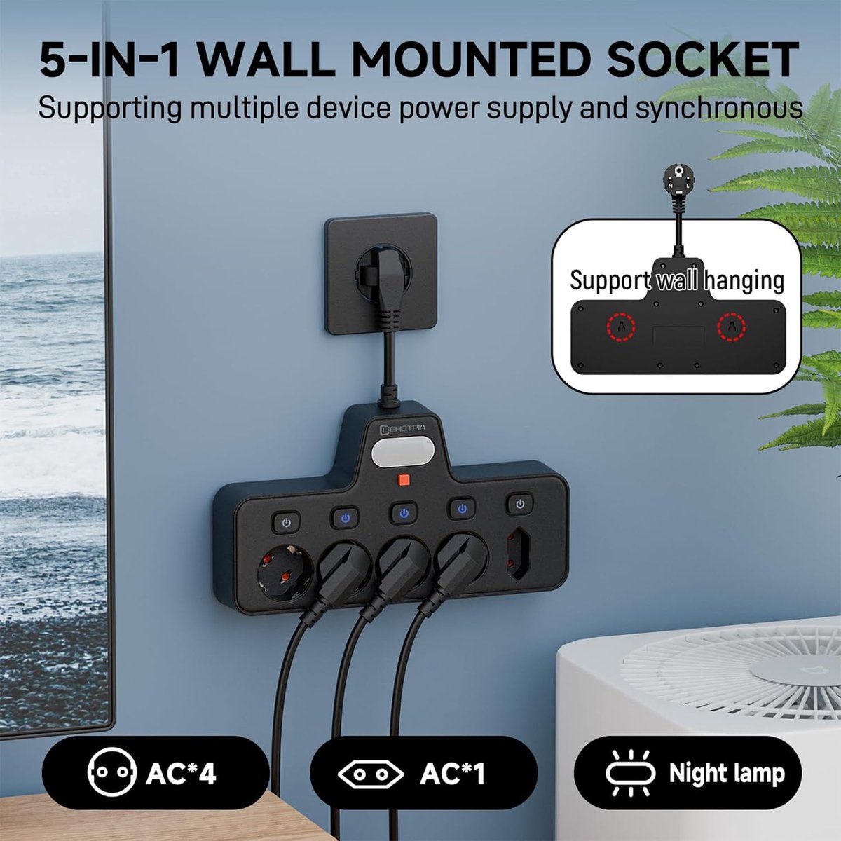 SnelShoppen - Plug Adapter met Aanraak Nachtlampje, 5 Slots, EU Stopcontacten, Individueel Schakelbaar, Stekkerdoos, Wandplug Verlengsnoer, Compact vo