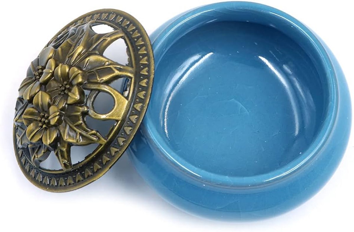 SnelShoppen - Porselein Wierookhouder Branders (Stok/Kegel/Coil Wierook) Keramisch Asvangbakje Schaal met Messing Kalabas Wierookstokhouder (Blauw)