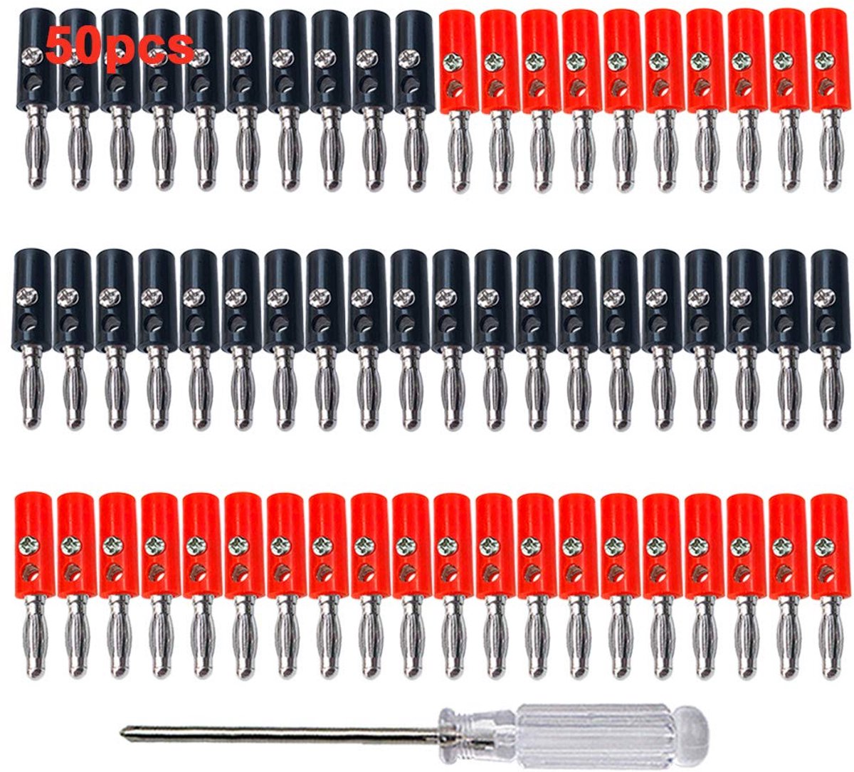 SnelShoppen - 50x 4mm Bananenpluggen - Vernikkelde Bananenluidsprekerpluggen - Soldeervrije Adapter voor Luidsprekers en Audio/Video Ontvangers (Rood,