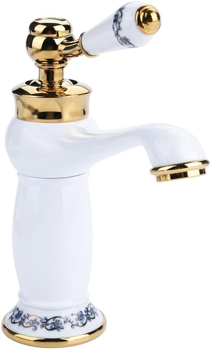 SnelShoppen - Antieke Messing Kraan Wasbak Badkamer Blauw en Wit Porselein Collo Lange Kraan Vintage Keuken Kraan (Wit)