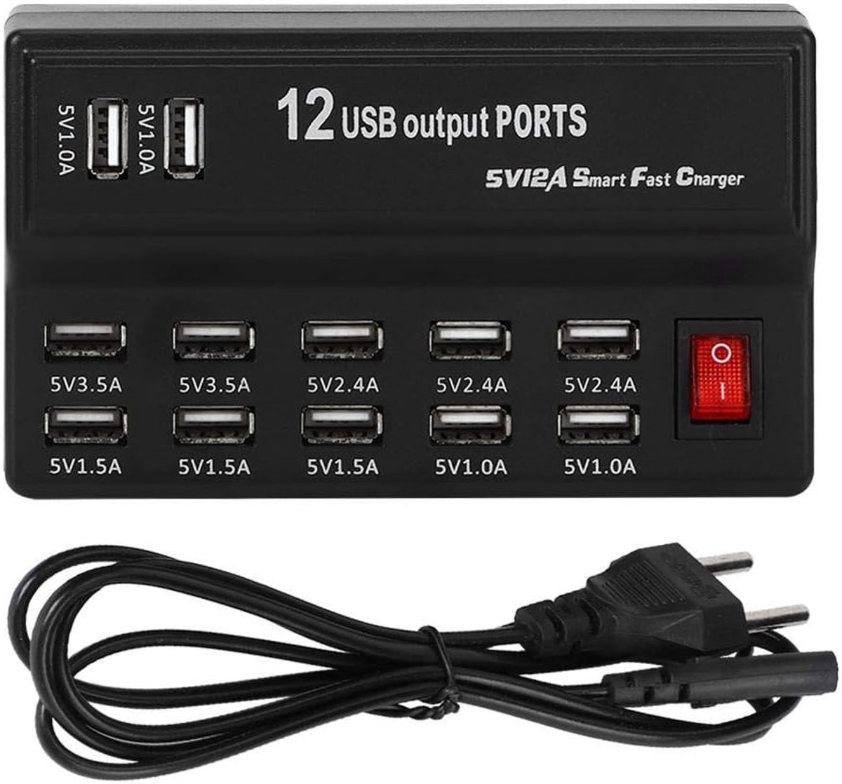 SnelShoppen - Reisstopcontact met 12 USB Poorten, Snellader, 100-240V, Internationaal USB Hub met Kabel en Platte Stekker voor Mobiele Apparaten, Tabl