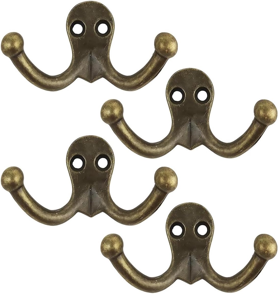 SnelShoppen - Set van 4 Zware Antieke Messing Dubbele Haken - Zink Legering Wand/Deur Bevestiging, 80 x 40mm Vintage Kleding Hangers voor Jassen, Hoed