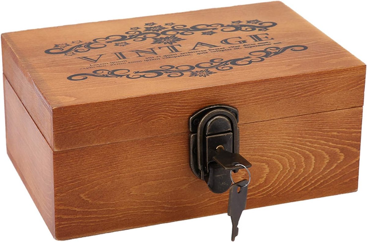 SnelShoppen - Vintage Treasure Box, Retro Houten Opbergdoos met Slot en Sleutel, Decoratieve Box voor Cadeaus, Sieraden en Thuisdecoratie 21,5 x 14 x