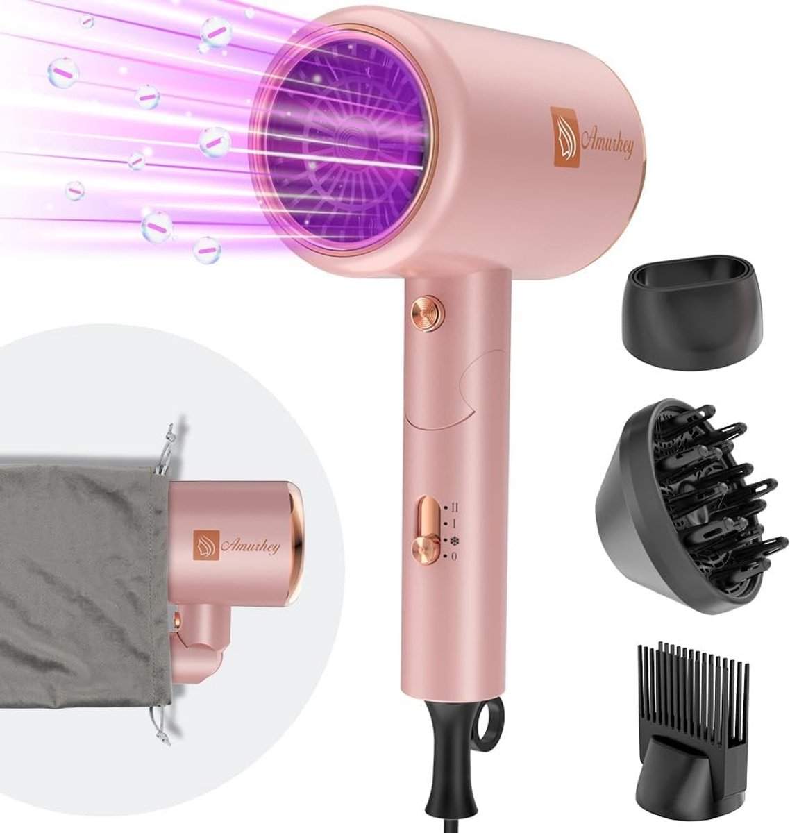 Föhn - Roze - 12 x 8 x 21 cm - Krachtige Reisföhn met Opzetstukken - Voor Alle Haartypes