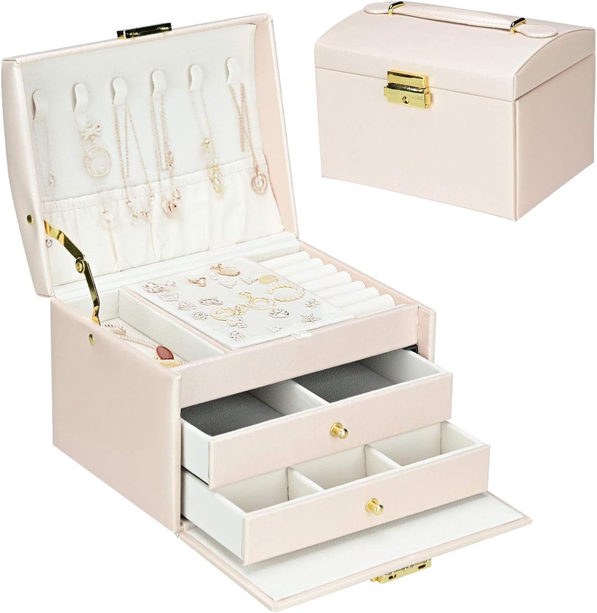 SnelShoppen - Sieradenbox PU Leer 3 Laags met Slot en Spiegel, Reizen, Roze | 3 lagen | 2 lades | Sleutel | Handvat | 18.5x15x14cm