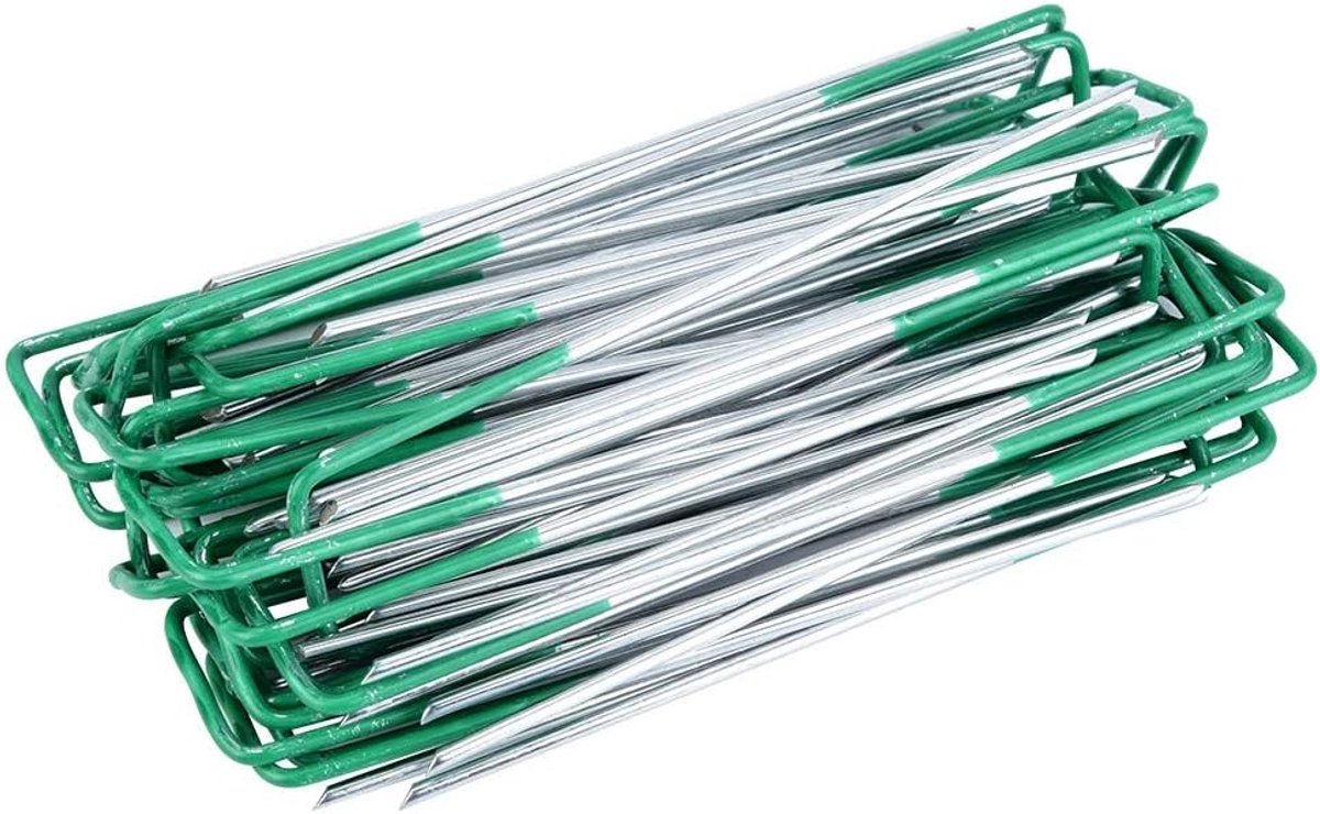 SnelShoppen - 100 Stuks Grondankers 150mm Half Groene Kunstgras U-Pinnen Tuinbevestigingshaken Stalen Grondpennen voor Tuin, Camping en Zonwering