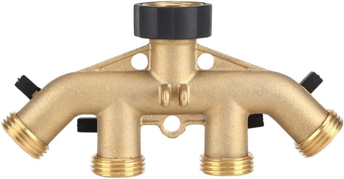SnelShoppen - Heavy Duty Messing 4-Weg Tuinslang Splitter Aansluitstuk met Kranen en Afsluitkleppen voor Tuin en Grond - Europees 3/4 Inch