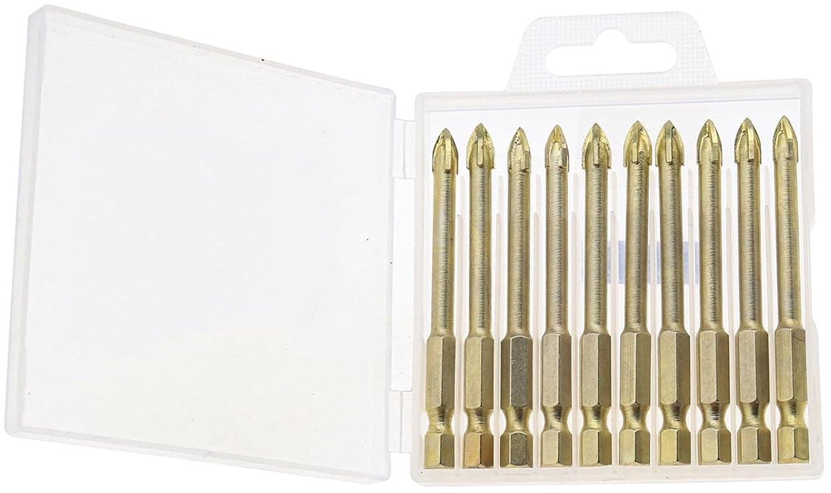 SnelShoppen - 10x Ceramische Boorbits met Doos Set, Titanium Gecoate Kruis Speerpunt voor Keramiek Tegels Marmer Spiegel en Glas - 6mm