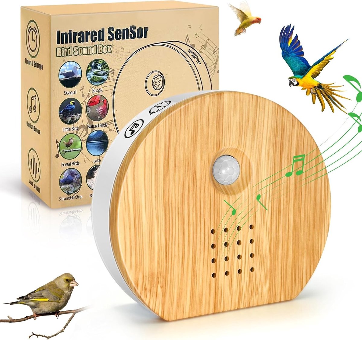 Natuurlijke Vogelgeluidsbox - Wit - Natuurgeluiden met Bewegingssensor - Voor Ontspanning in Badkamer en Spa