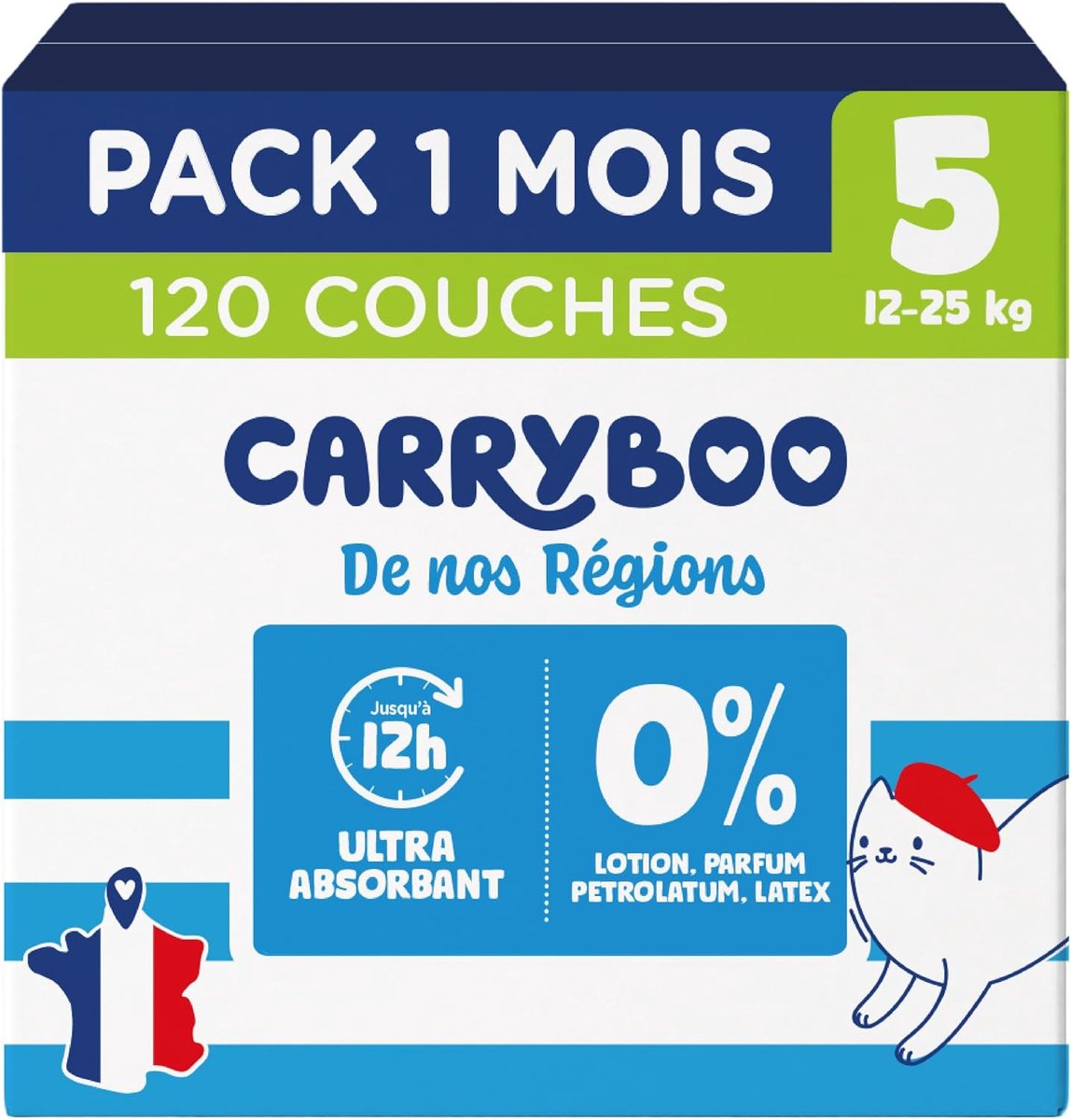 SnelShoppen - Carryboo Luiers Maat 5 (12-25kg) - Ultra Absorberend en Lekvrij - 120 Wegwerpluiers - Gezond en Vrij van Ongewenste Stoffen - Voor Kinde