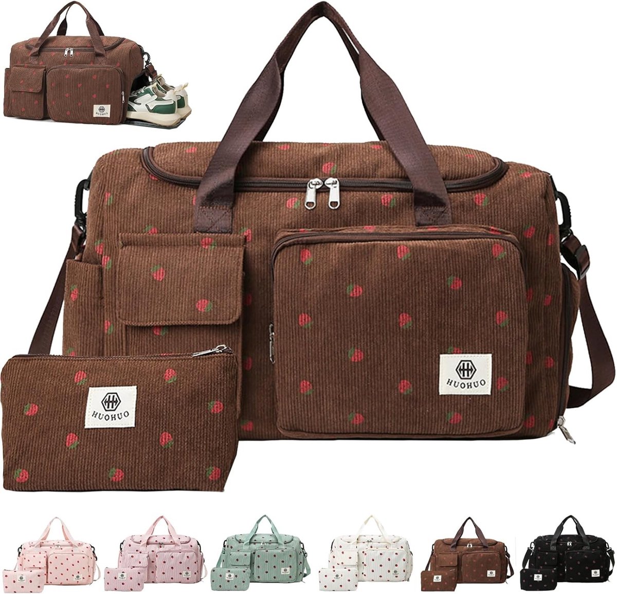 Reistas voor Dames - Koffiekleurig - 48 x 22 x 27 cm - Geribbeld Fluweel met Schoenenvak en Nat Vak - Voor Weekend en Sport