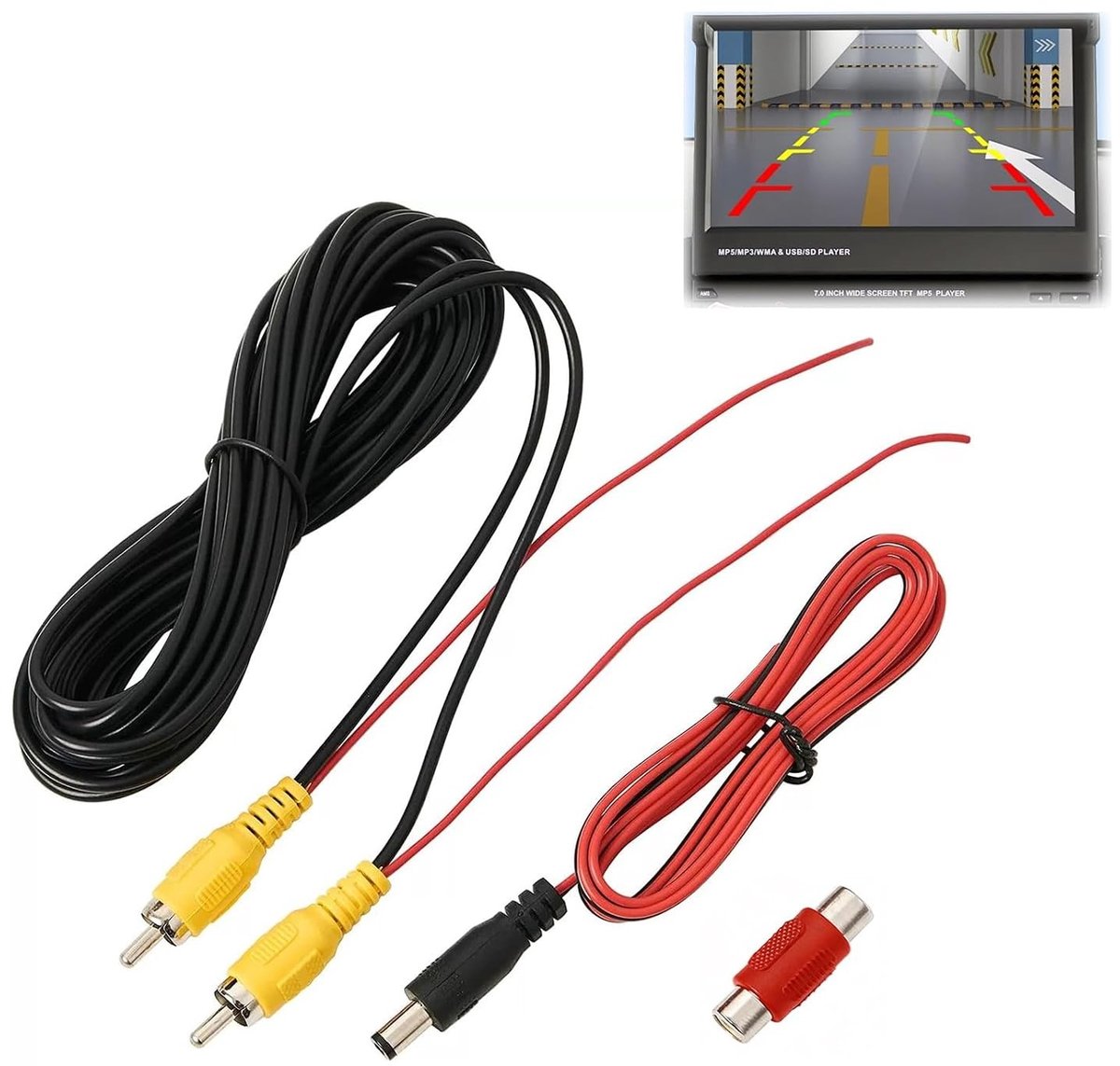 6 meter Cinch videokabel voor achteruitrijcamera, AV verlengkabel, dubbel afgeschermd, DC stroomkabel en RCA koppeling voor monitor en voertuigcamera