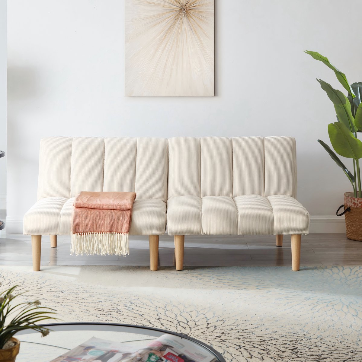 MEUNIQ 2-zits slaapbank 167 cm met 3-voudig verstelbare rugleuning, corduroy bekleding en houten poten voor woonkamer of kantoor, beige