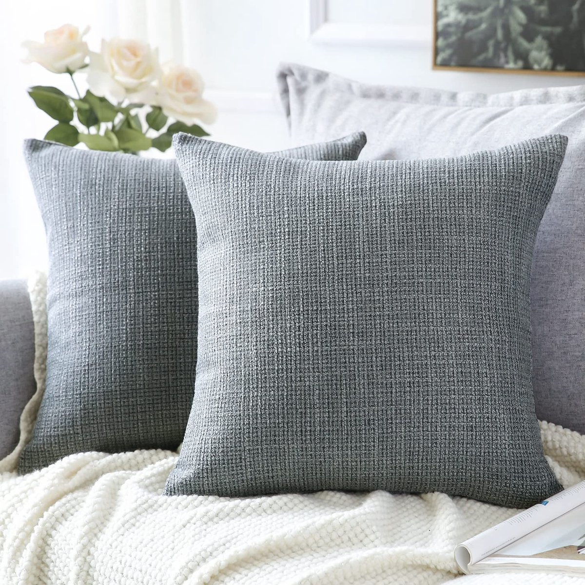 SnelShoppen - Set van 2 Donkergrijze Linnen Kussenslopen 60x60 cm Vierkant voor Woondecoratie, Bank, Slaapkamer, Auto, Ideaal voor Thuis en Reizen