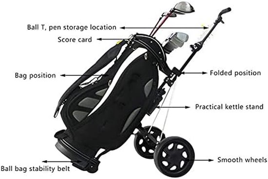 Golfkarretje Opvouwbaar - Golftrolley Duwkar - Golfen Op De Baan - Met Waterkoker Houder - 40 kg Max - Zwart — afbeelding 3