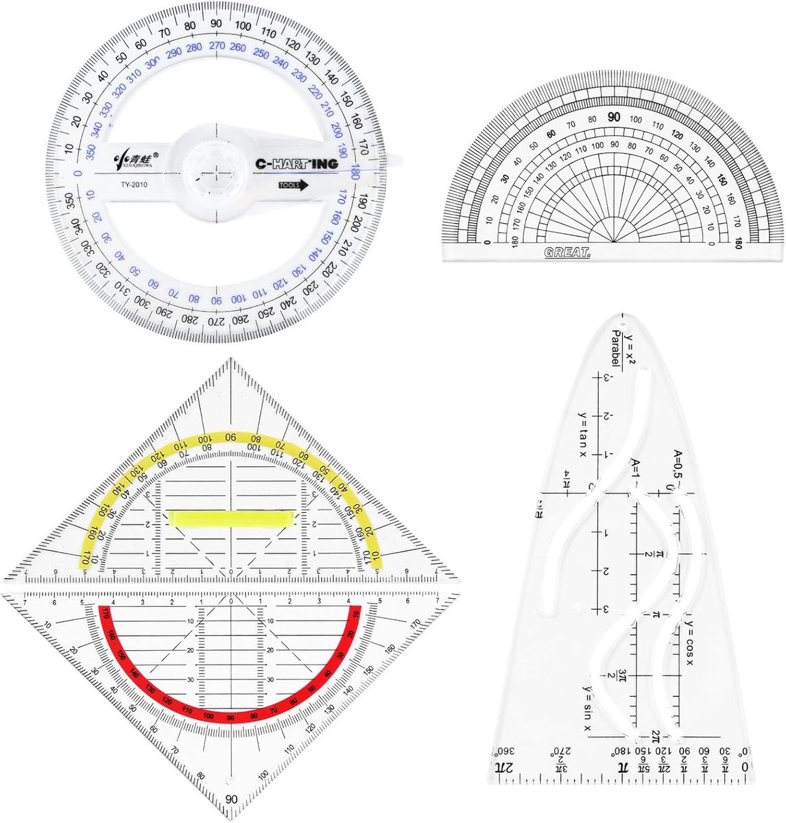 SnelShoppen - Set van 5 Parabool Sjablonen Geometrie Set Transparant Parabool Template Wiskunde Plastic Multifunctionele Geo Driehoek met Handvat Prot