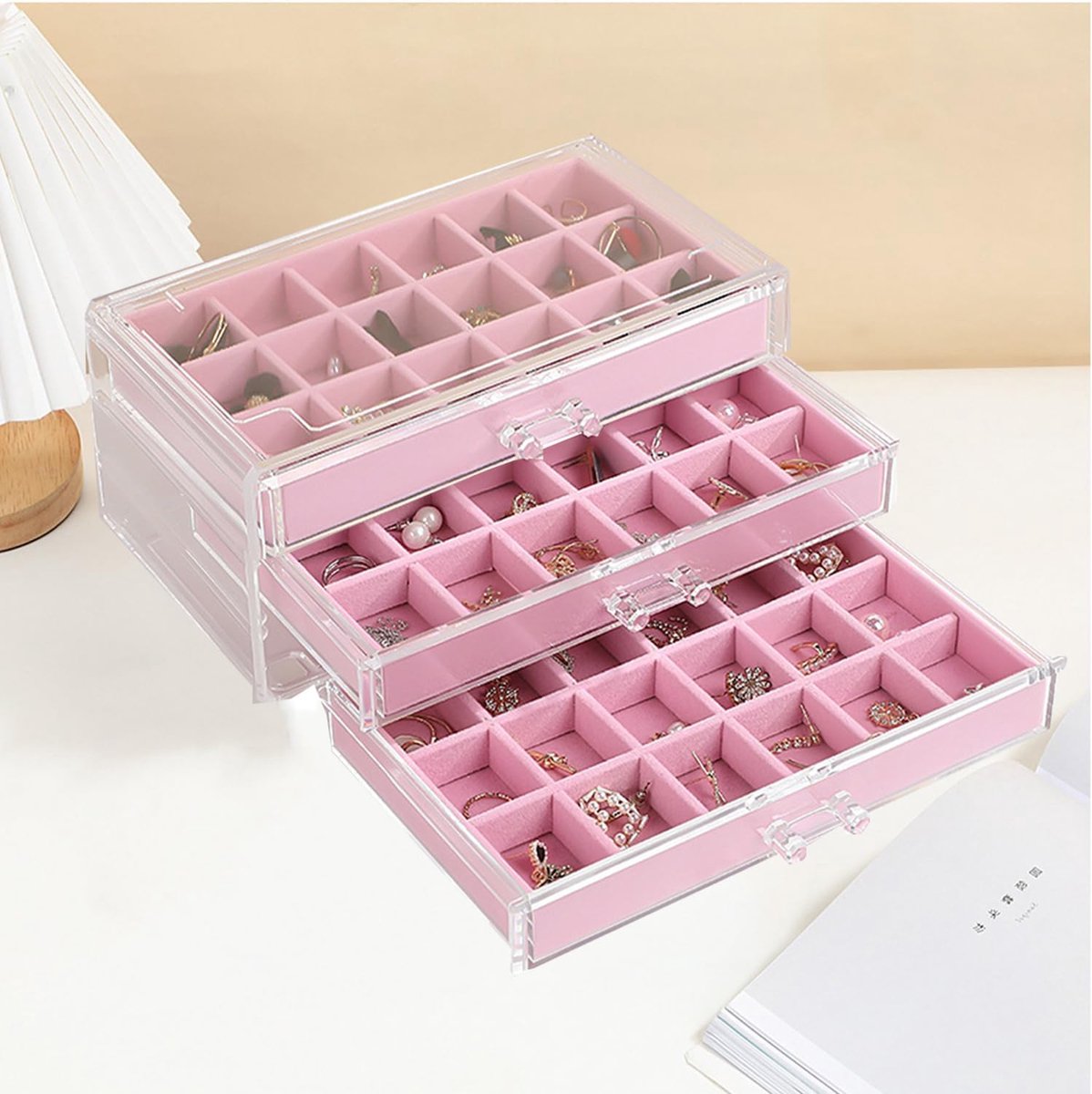 SnelShoppen - Earring Storage Box - Acryl Sieraden Organizer met Fluwelen Lades - Oorbellen Opbergdoos voor Dames en Meisjes - Roze, 3 Lades