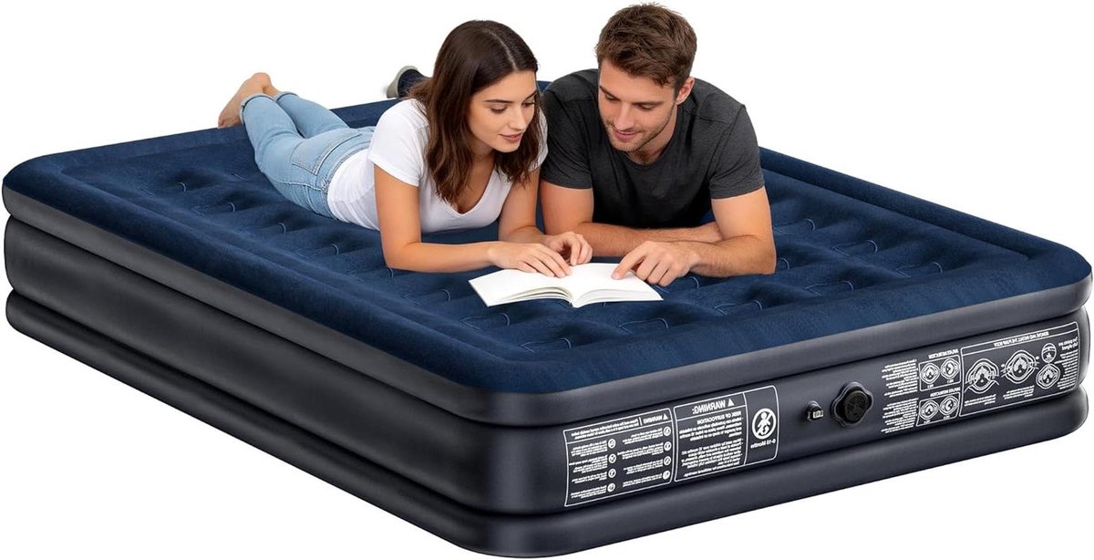 Luchtbed - Opblaasbaar Matras - Gasten Ontvangen - Ingebouwde Elektrische Pomp - 203x152x38cm - Blauw Grijs