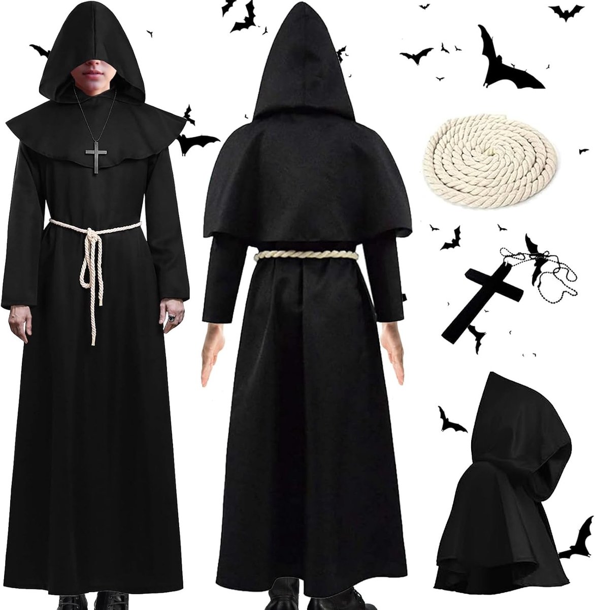 Volwassen Monnik Kostuum XL voor Halloween, Carnaval en Rollenspel - Gewaad met Kap voor Priester en Tovenaar