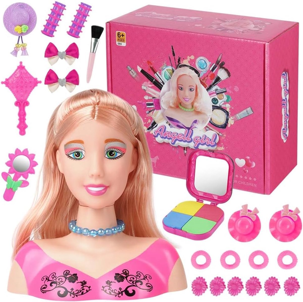 SnelShoppen - Kinderen Haardressing Make-up Pop Hoofd, 21 Stuks Make-up en Haarstyling Speelgoed met Haaraccessoires voor Creatieve Kinderen