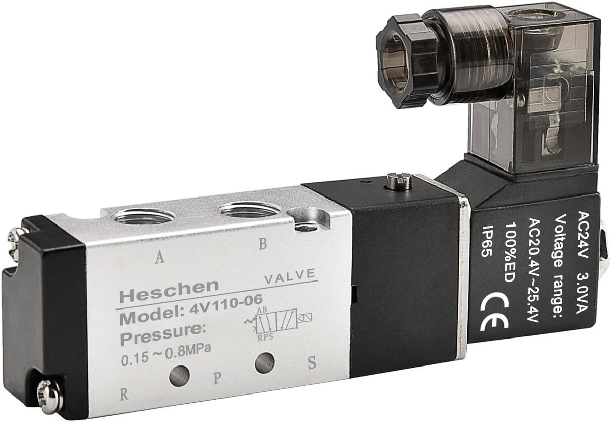 SnelShoppen - Elektrische Pneumatische Solenoïde Ventiel 4V110-06 24VAC 3.0VA PT1/8 5 Weg 2 Positie CE - Voor Lucht- en Vloeistofregeling