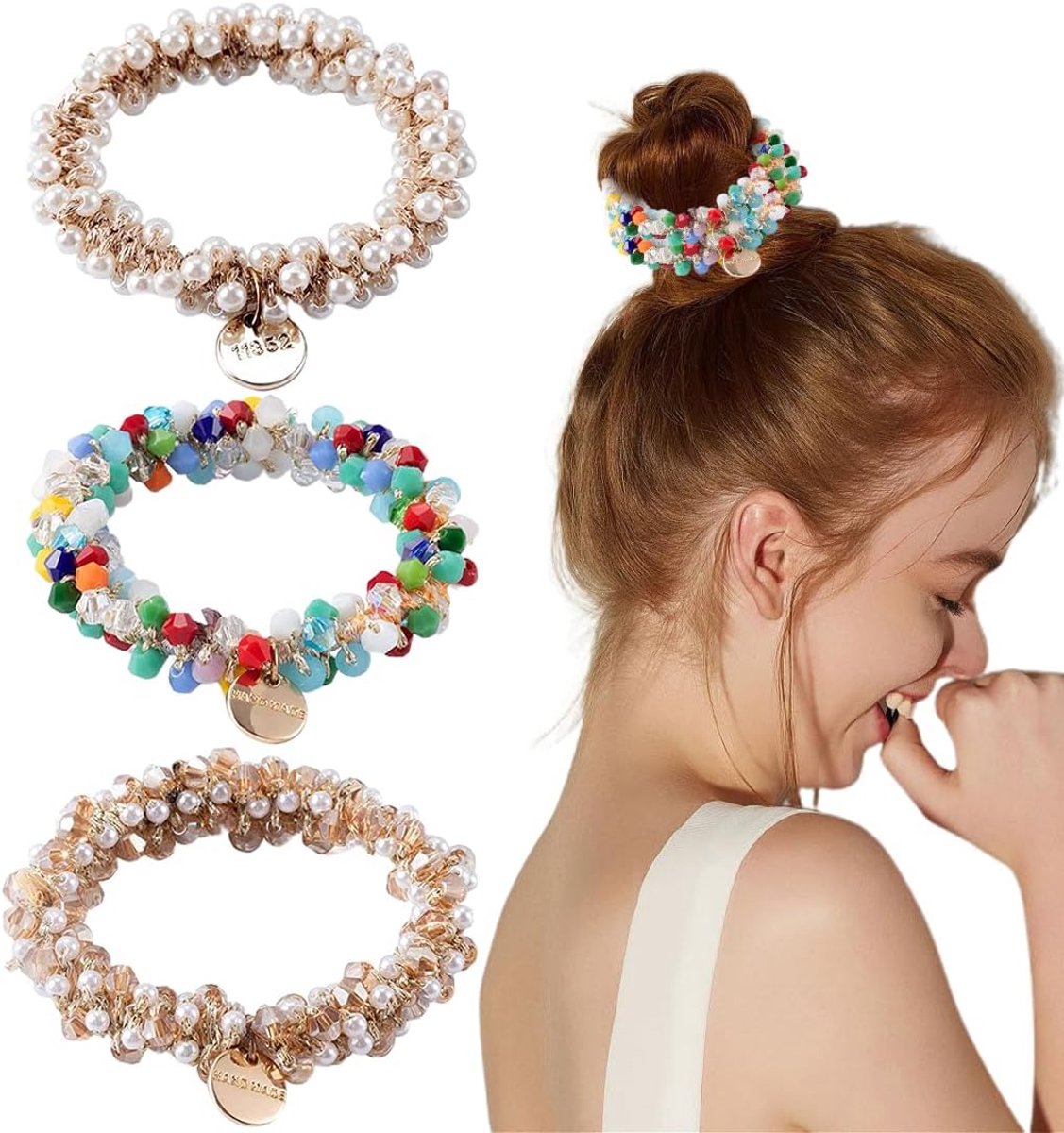 Pack of 3 Hair Bobbles with Pearls Elastic Stretch Hair Accessories for Women and Girls - ShopVlot
