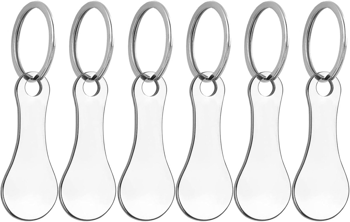 SnelShoppen - 6 Stuks Sleutelhangers, Winkelwagen Token, RVS Trolley Token, Verwijderbaar met Sleutelhanger voor Winkelwagentje (Zilver)