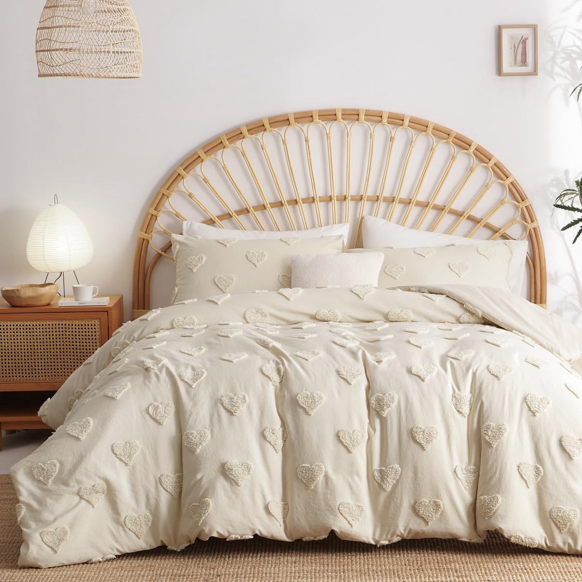 SnelShoppen - Beige Beddegoed 155 x 220 cm Boho Tufted Handgemaakt Met Hartpatroon Elegante Geborduurde Dekbedovertrek met Rits en 1 Kussensloop 80 x