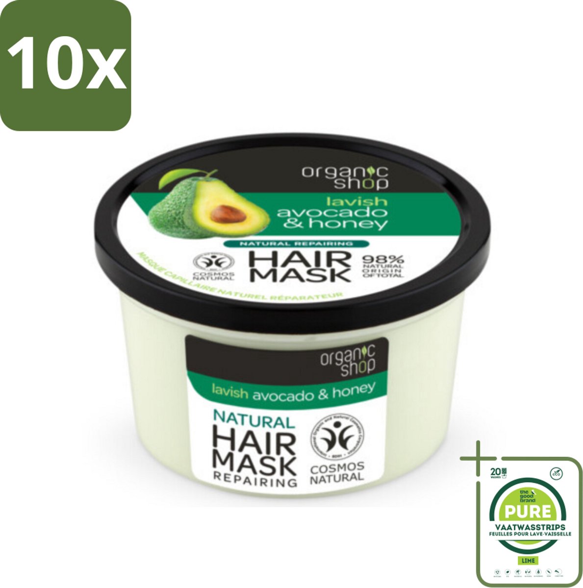 10 x Organic Shop - Haarmasker Avocado & Honey - Hydraterend en Verzachtend - 250 ml - Grootverpakking - Haar Masker - Avocado - Honing - Hydraterend - Verzachtend