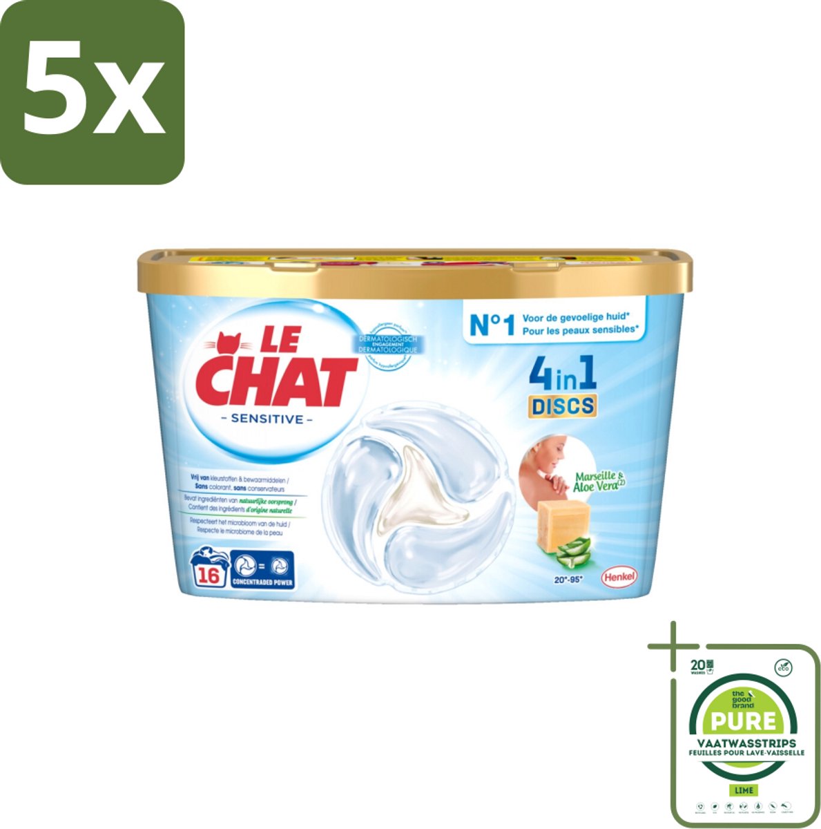 5 x Le Chat – Wascapsules – Sensitive – 16 stuks per verpakking - Grootverpakking - Wasmiddelcapsules - Hypoallergen - Gevoelige Huid - Dermatologisch Getest - Milieuvriendelijk