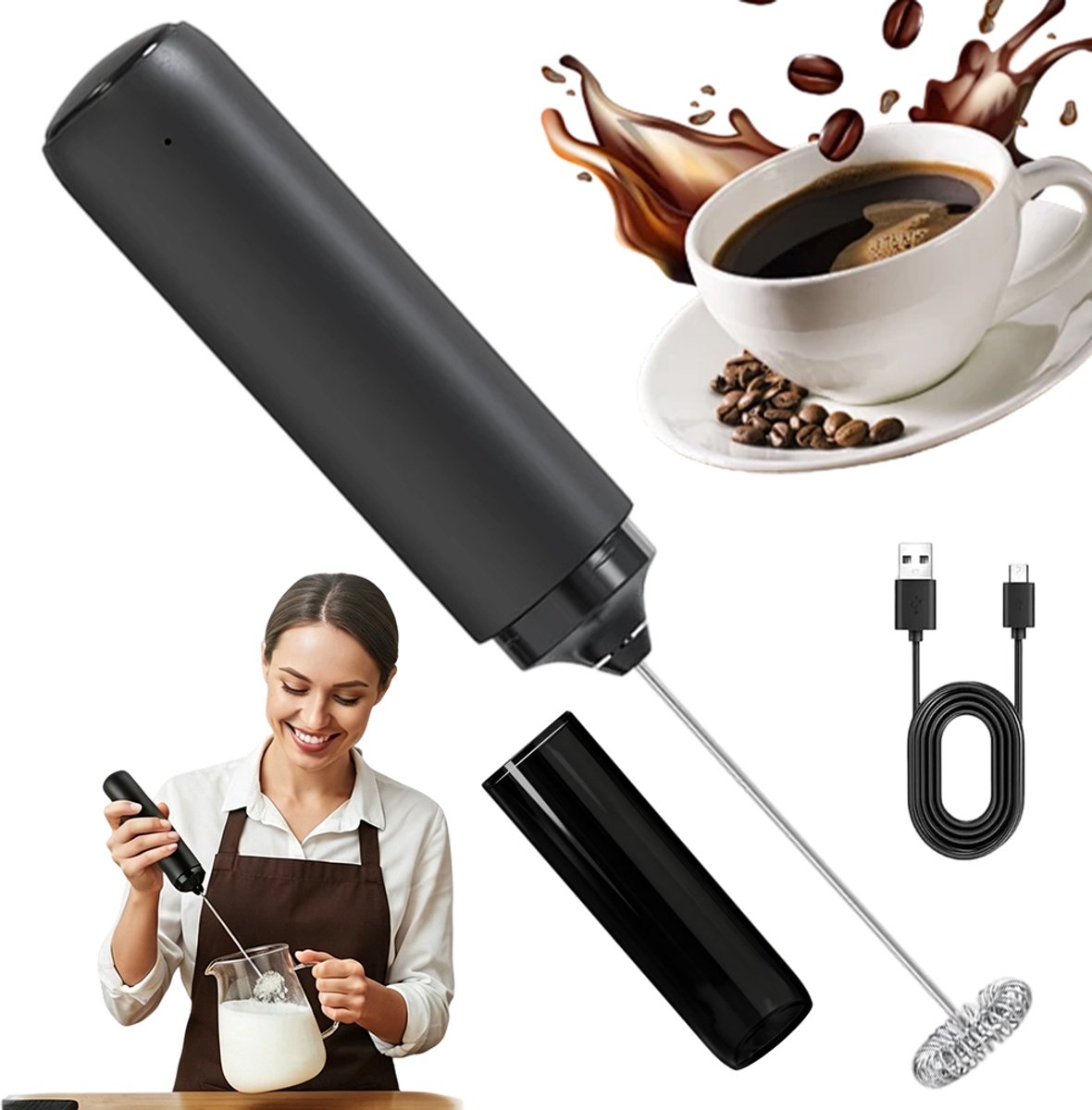 Elektrische Melkopschuimers - Melkschuimer - 500mAh & 15-20s Snel Schuim - Roestvrijstalen Klopper - 6W Krachtige Motor - Lichtgewicht 155g - Voor Koffie, Cappuccino & Matcha