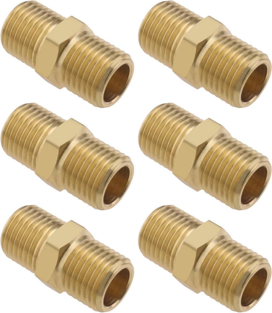 SnelShoppen - 6 Stuks Messing Buisfitting BSP 1/4 Inch Mannelijk Draad naar 1/4 Inch Mannelijk Draad Rechte Hex Quick Coupling Adapter Connector voor