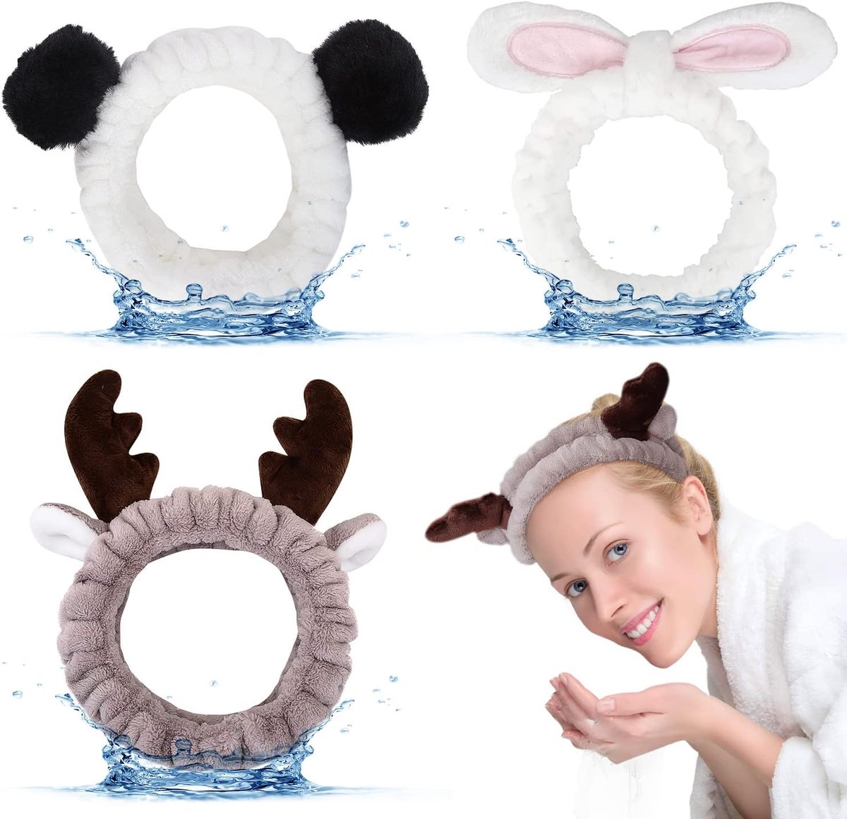 Hair Band 3 Pieces Cosmetic Antler Rabbit Ears Panda Hair Bands for Women Girls Elastic Makeup Hair Band Spa Shower - ShopVlot