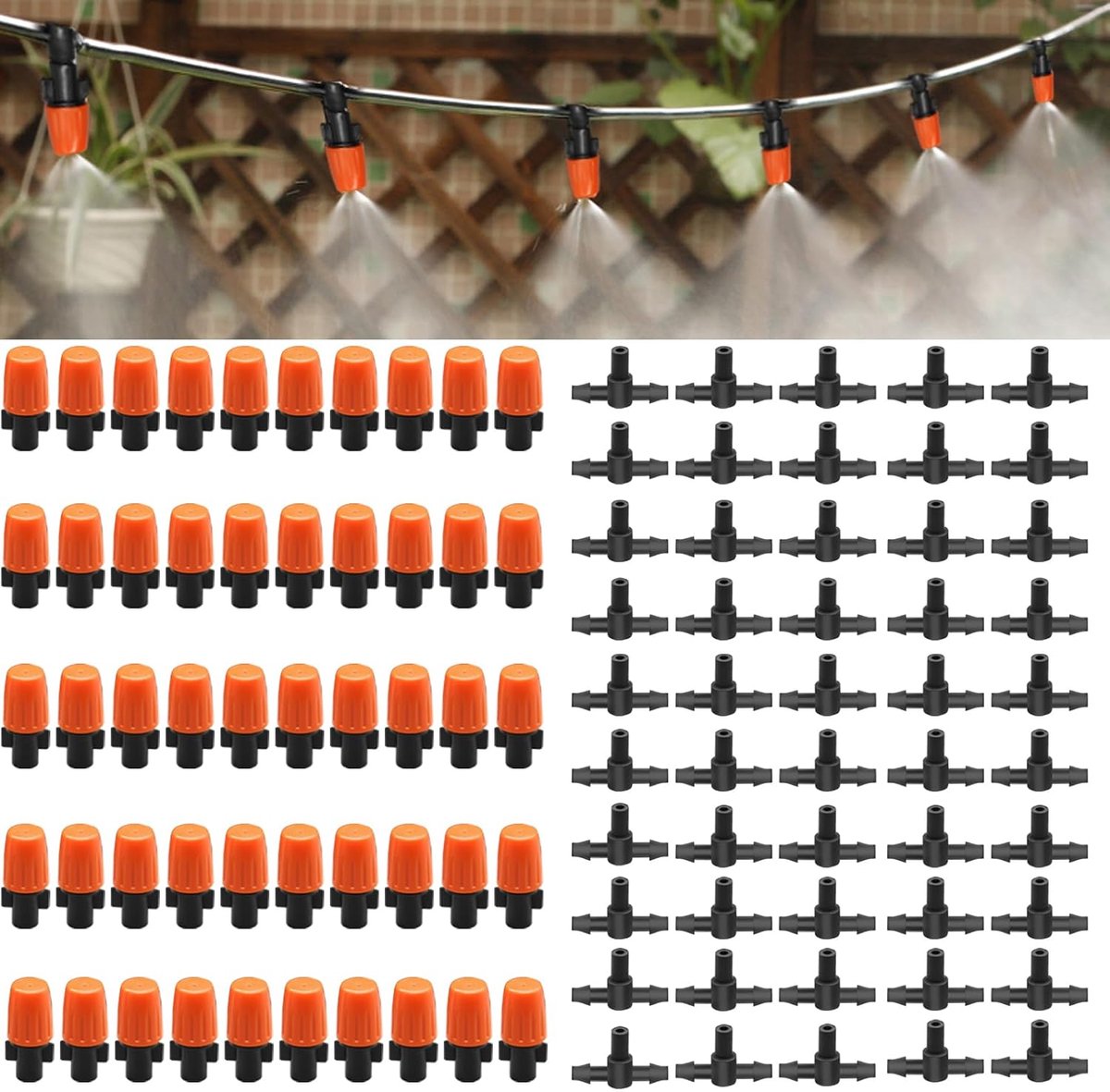 SnelShoppen - 50 Stuks Drip Irrigatie Systeem Emitters, Verstelbare Waterdruppelaars met 360 Graden Spuitkop, T-Verbinder voor 1/4 Inch Drip Irrigatie
