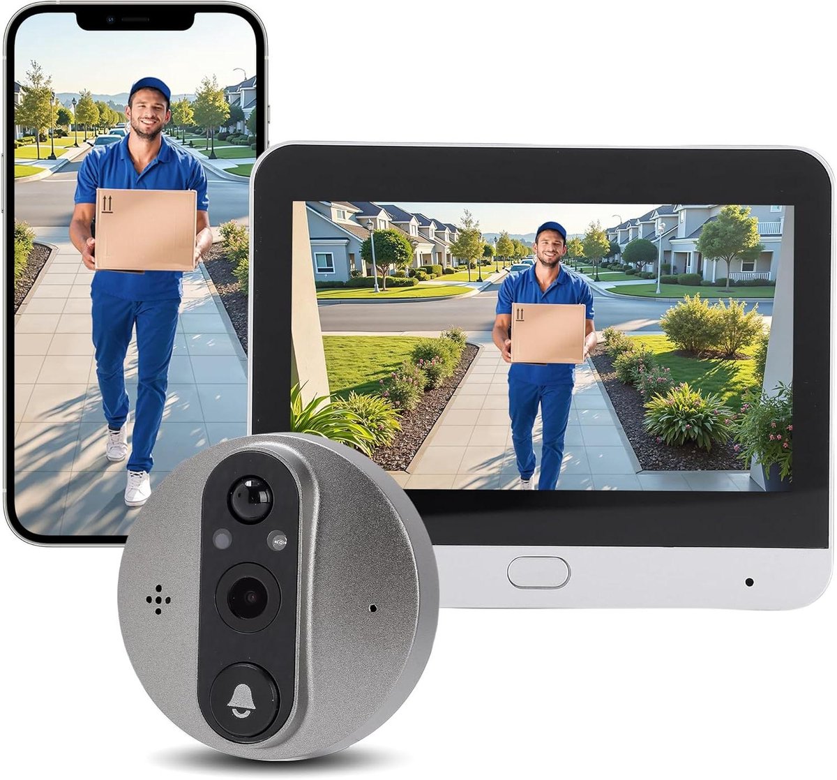Draadloze Deurbel Camera - Beveiligingscamera Deur - Bezoekers Herkennen - 4.3 Inch Scherm - 1080p HD Video - Zwart