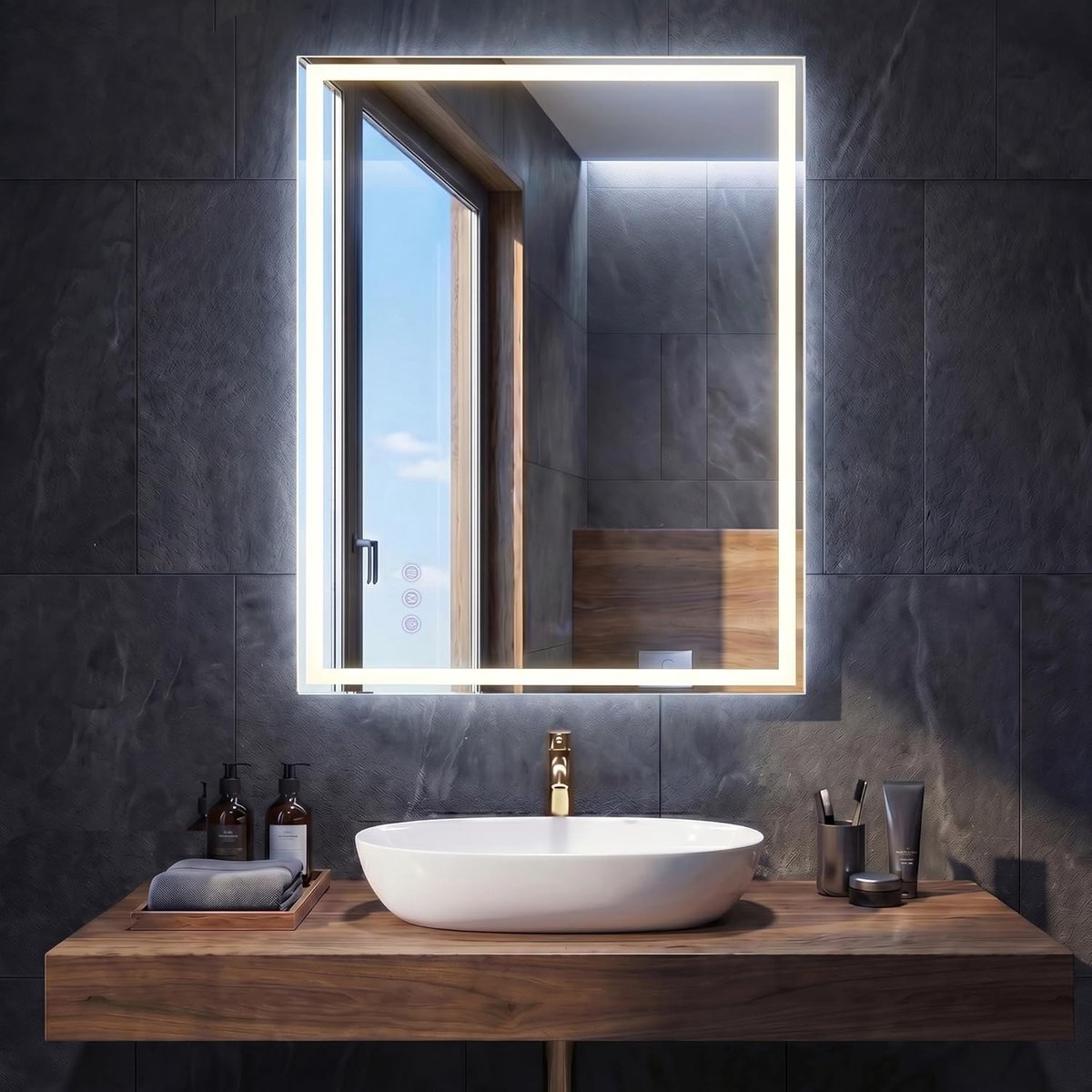 SONGMICS Badkamerspiegel met verlichting, spiegel rechthoekig, wandspiegel, badkamerspiegel anti-condens-functie, kleurtemperatuur helderheid instelbaar, badkamer, 80,7 x 60,7 cm, wolkenwit