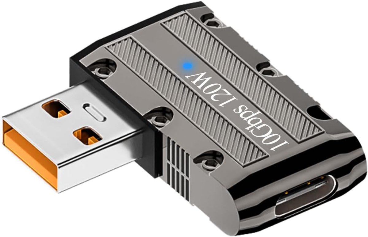 SnelShoppen - USB 3.1 naar USB C Adapter 90 Graden Hoek, 120W Mech Stijl, 10 Gbps, Metaal, Links Gebogen, LED Licht, Geschikt voor PC, Laptop, Wandlad