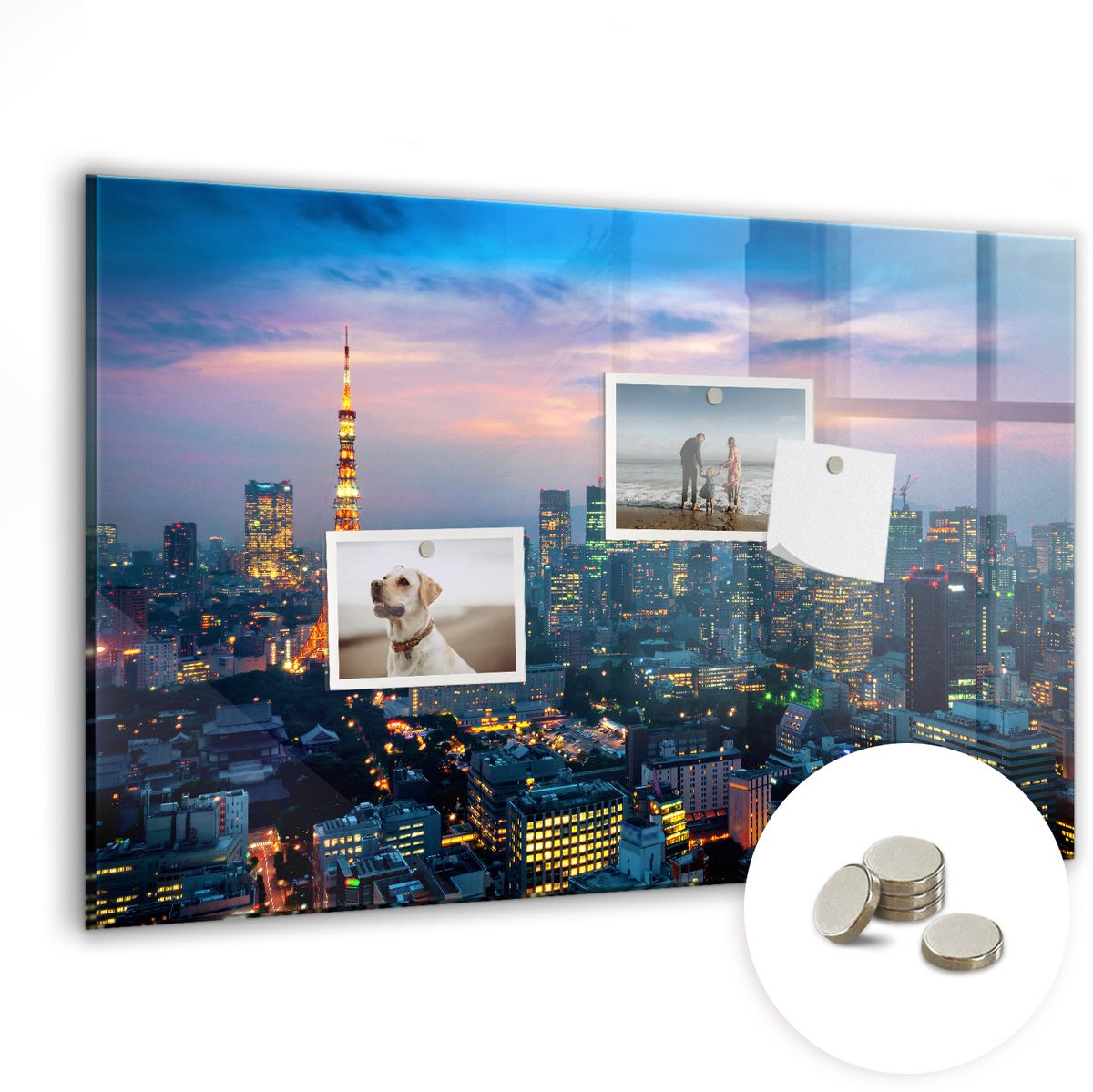 Coloray Glazen Magneetbord - Magnetisch Bord Stad 's nachts - 60x40 cm - Veelkleurig Magneetbord - Magnetic Board - Memobord