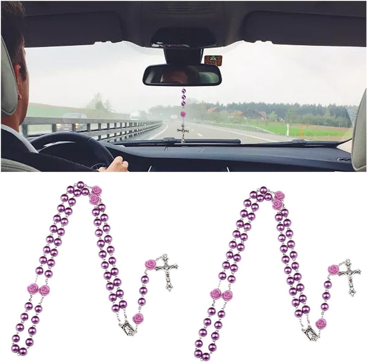 SnelShoppen - 2 Stuks Auto Spiegel Hangers, Katholieke Rozenkrans Kralen voor Achteruitkijkspiegel, Kruzifix Auto Hangdecoratie voor Mannen en Vrouwen