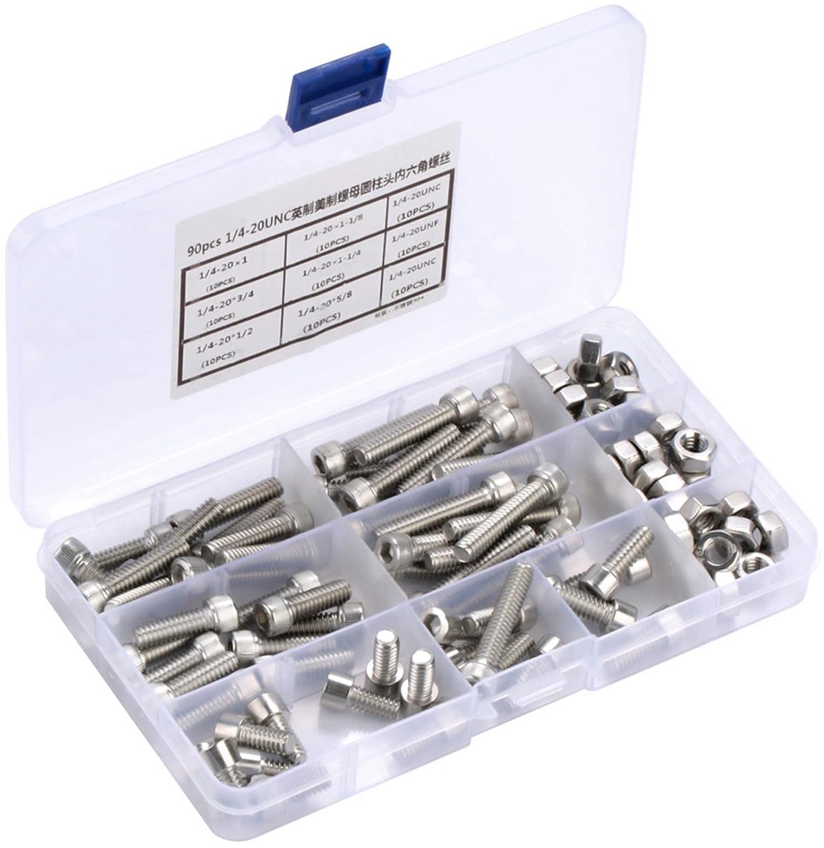 SnelShoppen - Set van 90 Rvs Hex Kop Schroeven, 1/4-20 UNC, 6 Verschillende Maten, Ideaal voor Metaal, 20 TPI, 6.35mm, Duurzaam en Praktisch