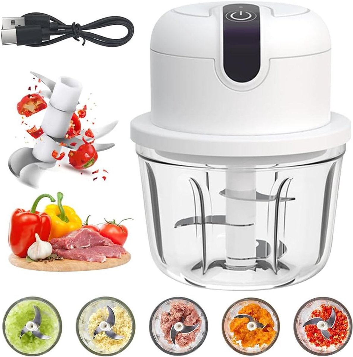 Mini Keuken Chopper Elektrische Hakker Snel Ingrediënten Snijden Draadloos USB Opladen 350 ml Capaciteit Wit
