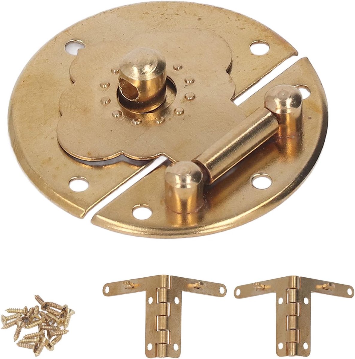SnelShoppen - Retro Hasp Antieke Ronde Koperen Sluiting met Scharnier en Schroeven voor Juwelen Houten Doos Lade Houten Ambachten (Messing)
