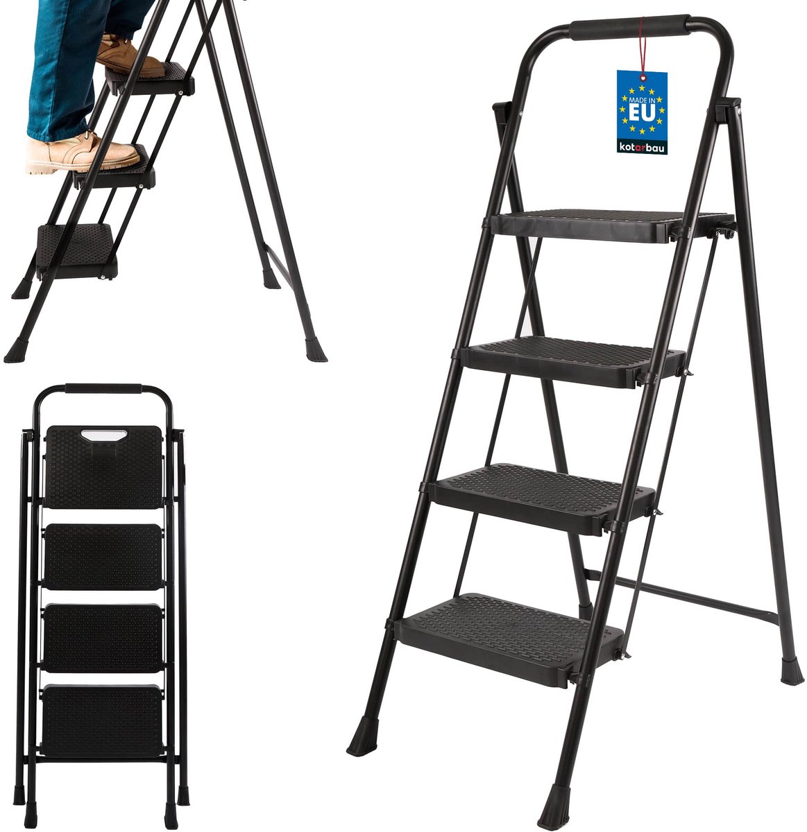 KOTARBAU® Huishoudtrap 4 Treden - Trapladder - Keukentrap - Gepoedercoat Staal - Inklapbare Trap - Opvouwbare Ladder - Stalen Huishoudladder - 93 cm - Antislip - Veiligheidsbeugel - Zwart