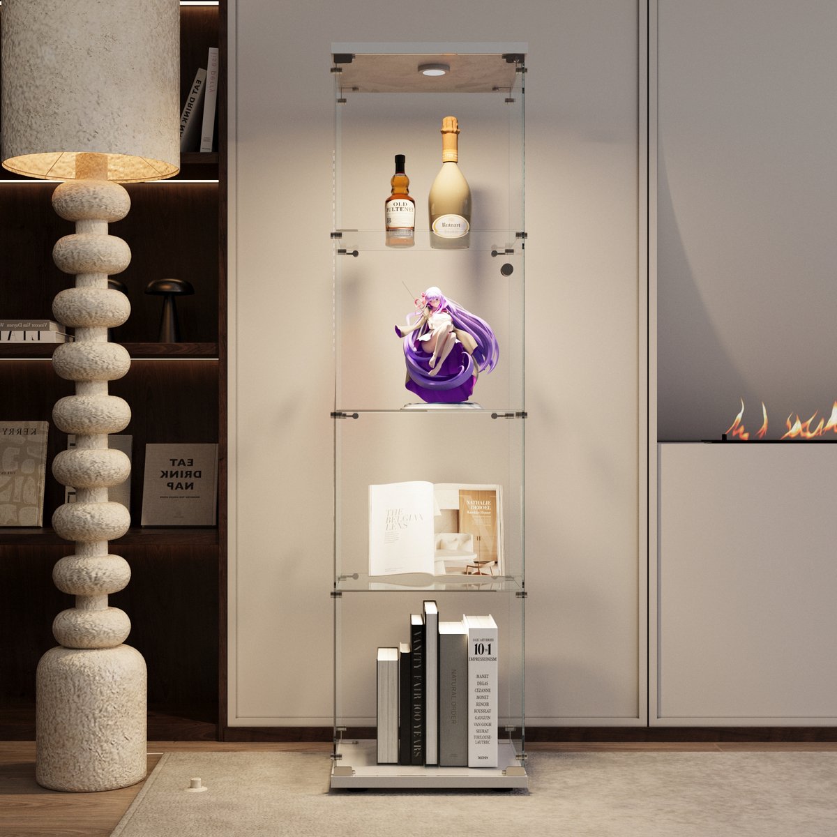 Vitrinekast met LED Verlichting Wit – 4 Laags Glazen Displaykast met Enkele Glasdeur – Collectiekast met Slot en RGB Sfeerverlichting