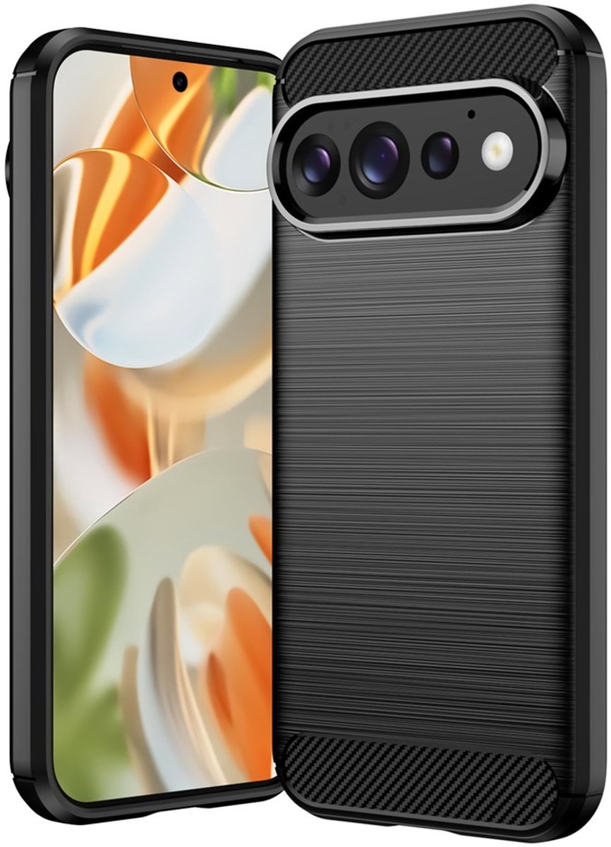 MobyDefend Hoesje - Geschikt voor Google Pixel 11 - TPU Backcover - Geborstelde Metaal & Carbon-Look - Zwart