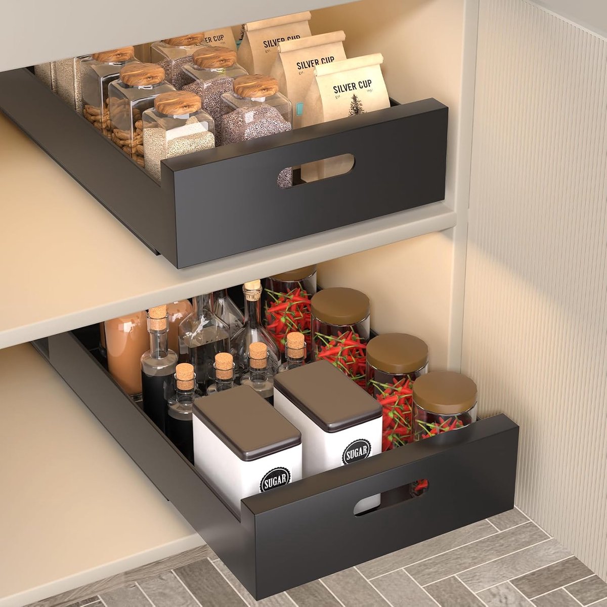 SnelShoppen - 2 Stuks Uittrekbare Keuken Kast Organizer Lade, Rollende Planken voor Borden, Specerijen, Conserven (Donker, 43x25x8 cm)