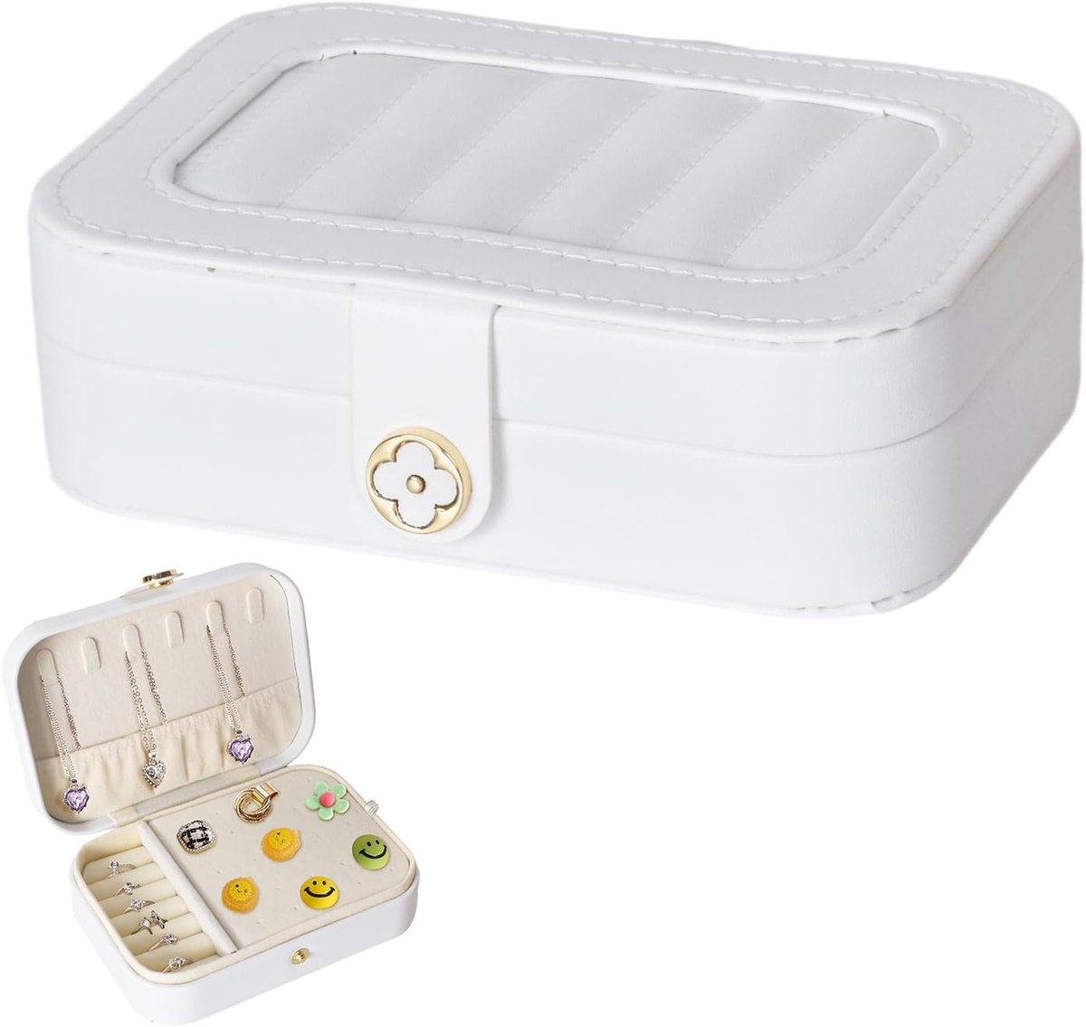 SnelShoppen - 2 Laags Sieradenstandaard Sieradenbox Vrouwen PU Leer Draagbaar Klein voor Ringen Armbanden Oorbellen Halskettingen (Wit)