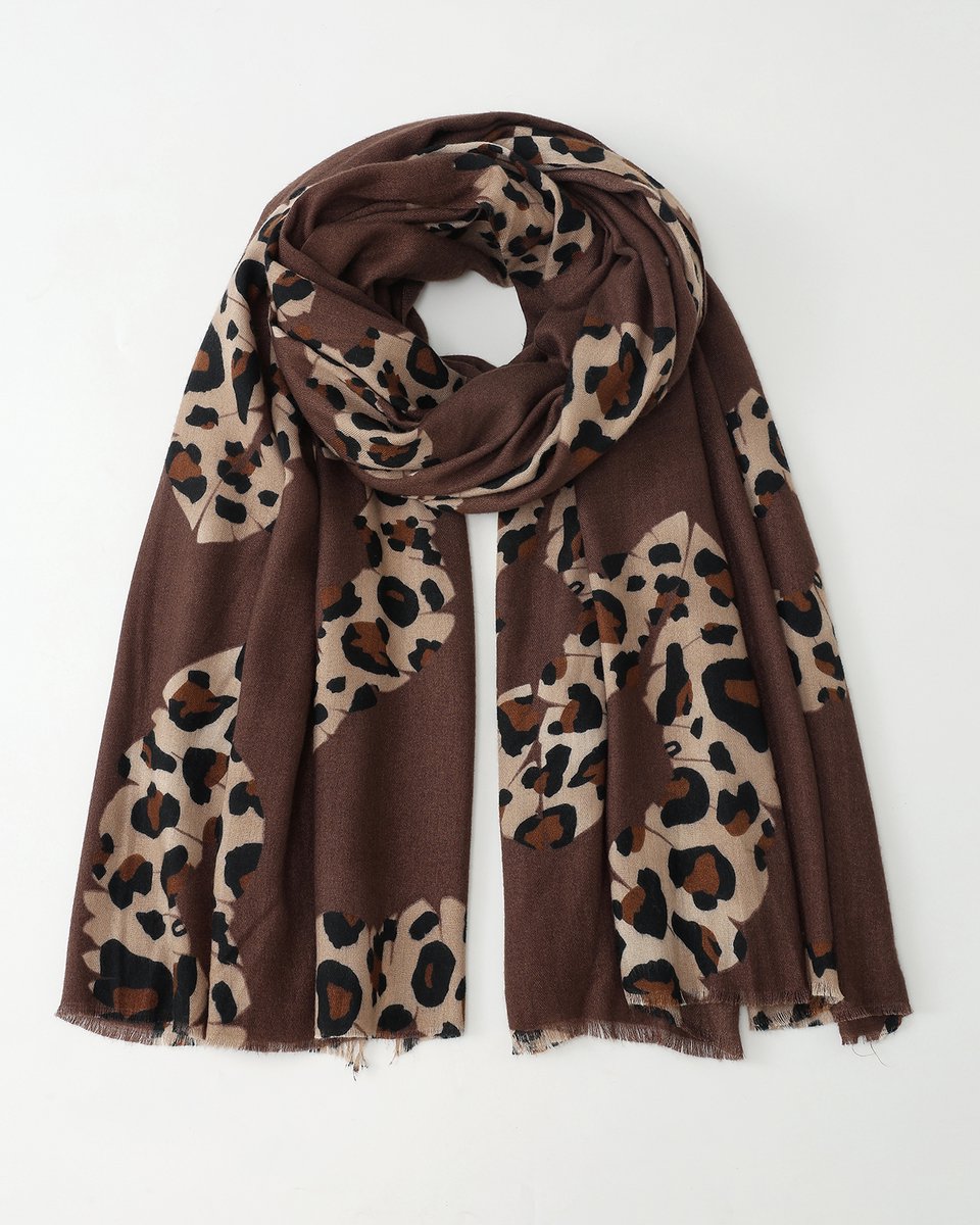 Nouka - Winter Sjaaltje - Bruin met Panter print - Donkergroen - Cadeau voor Vrouwen - 90 x 180 cm