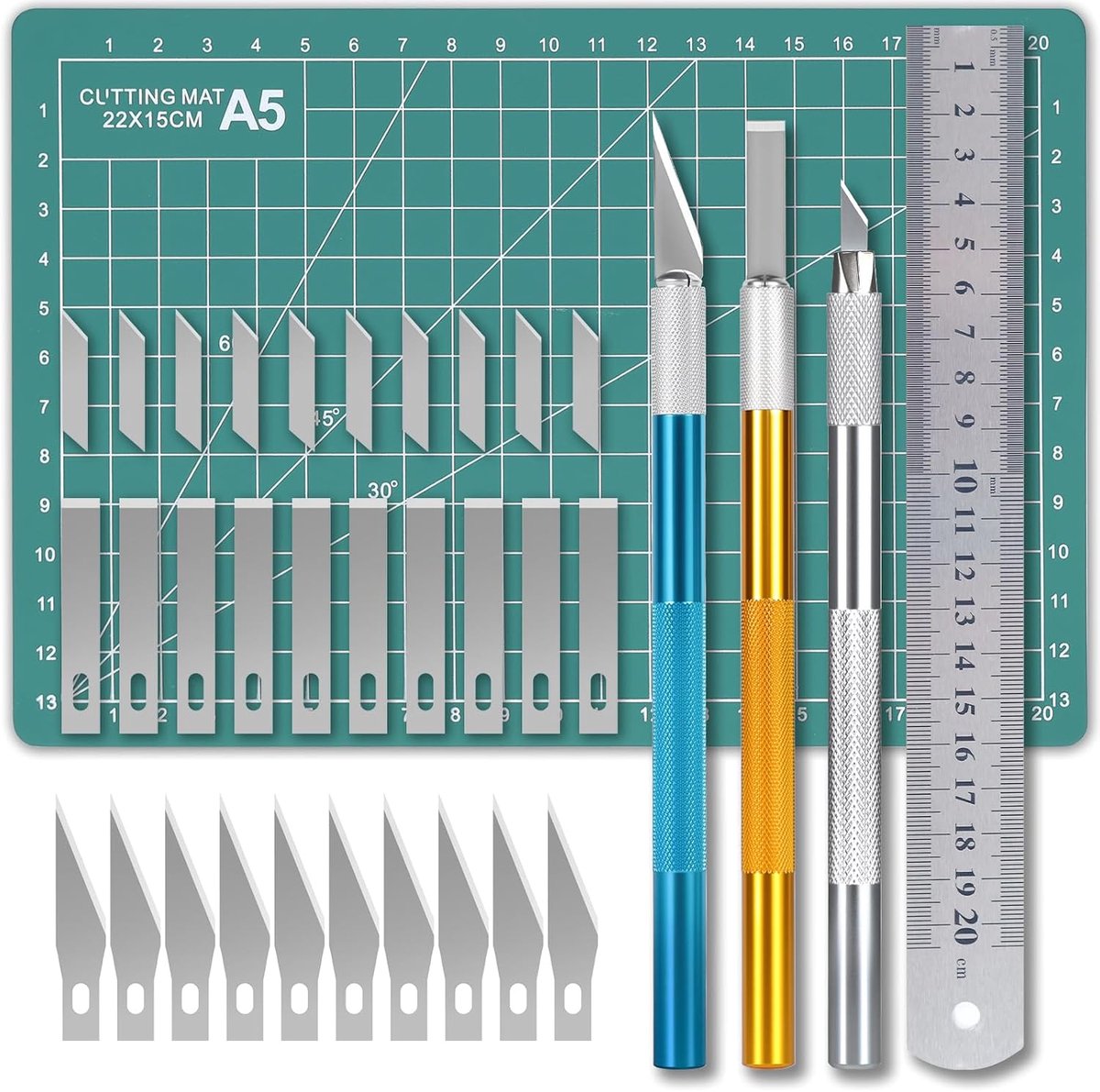 Precision Scalpel Set, 3 Blades with 30 Blades, A5 Mat and Steel Ruler, Ideal for DIY, Model Making, Paper and Crafts - ShopVlot
