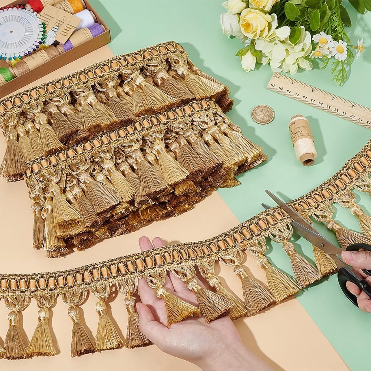 SnelShoppen - Gouden Kwast Trim 10cm Breed 6,25 Yards Handgemaakt Gevlochten Franje Versiering voor Tafellaken Kussen Bank Feestelijke Decoraties